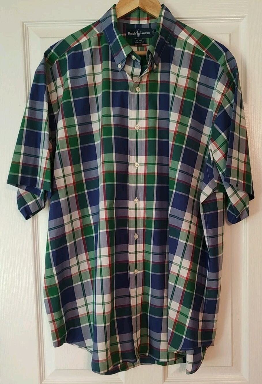 Men's Vintage Ralph Lauren Blake Relaxed Fit Plaid Short Sleeve Shirt Blue - XL